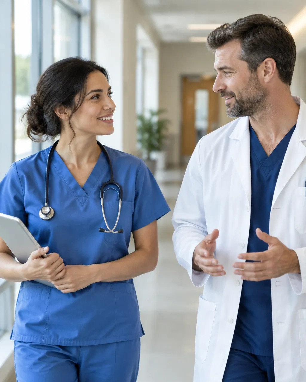 Two clinicians talking together in a bright corridor.
