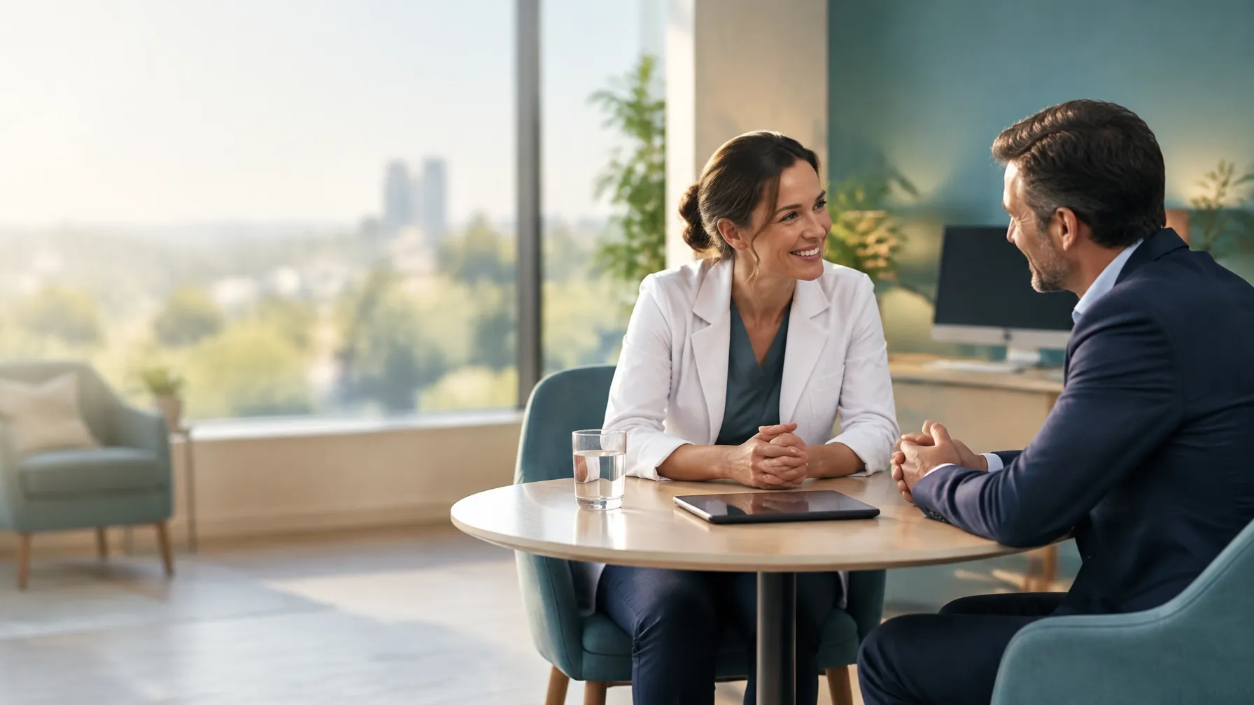 A physician and an executive speaking together at a table in a bright office.