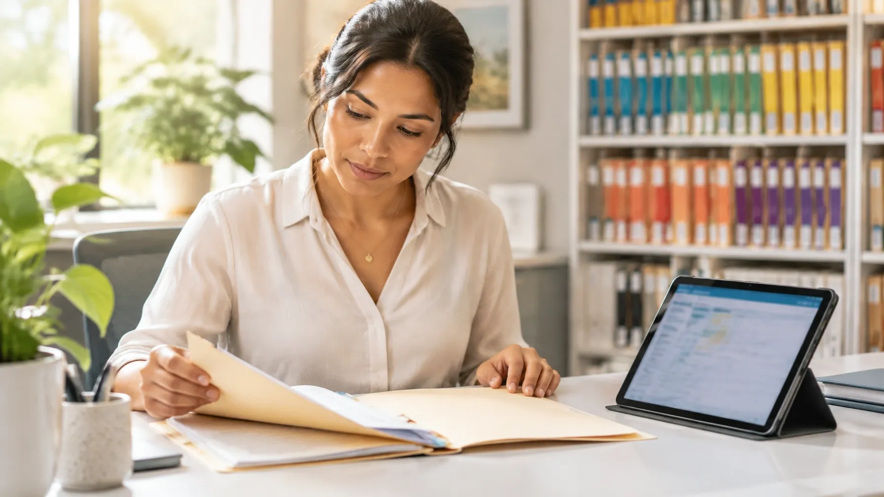 A records specialist reviewing patient charts beside a tablet, with an organized archive shelf behind her.