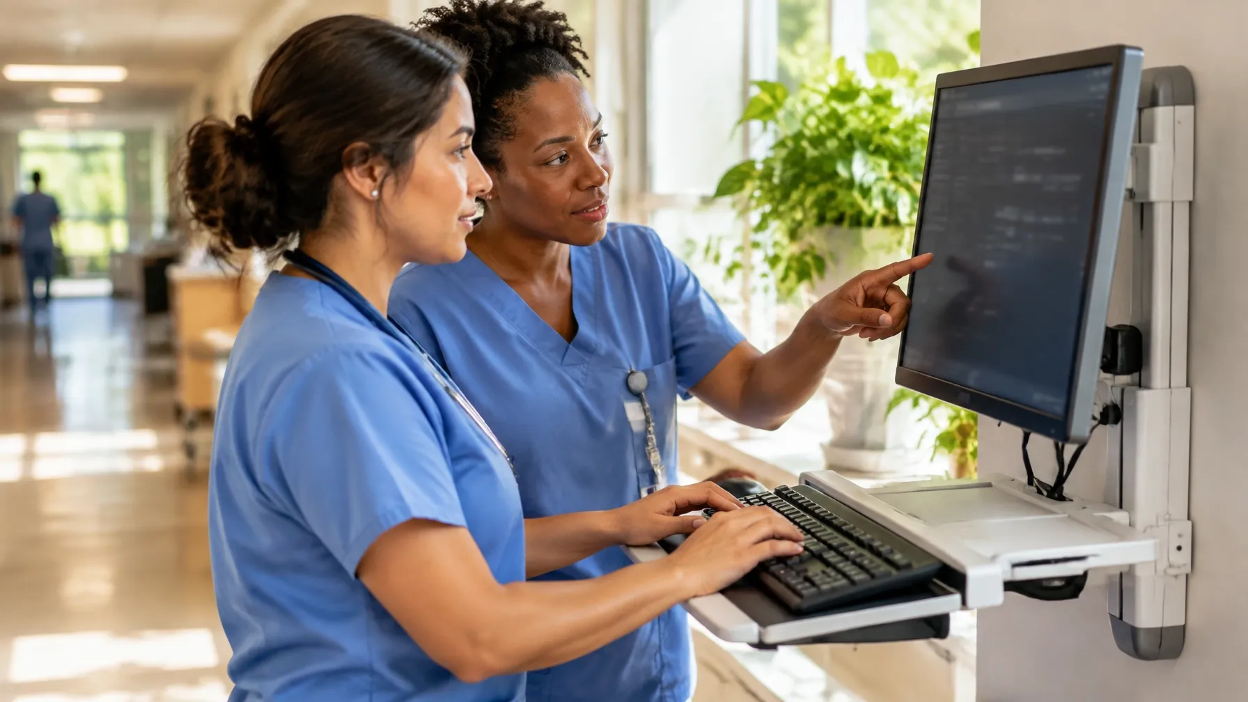 Two nurses reviewing an electronic health record together at a wall-mounted workstation.