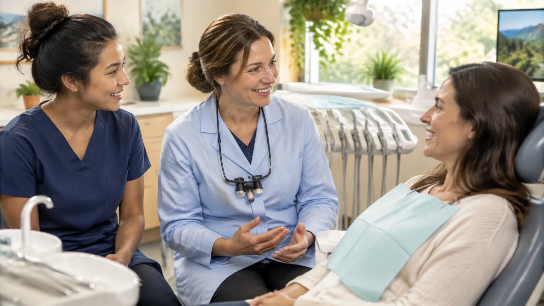 A dentist and hygienist talking with a patient in a bright dental operatory.