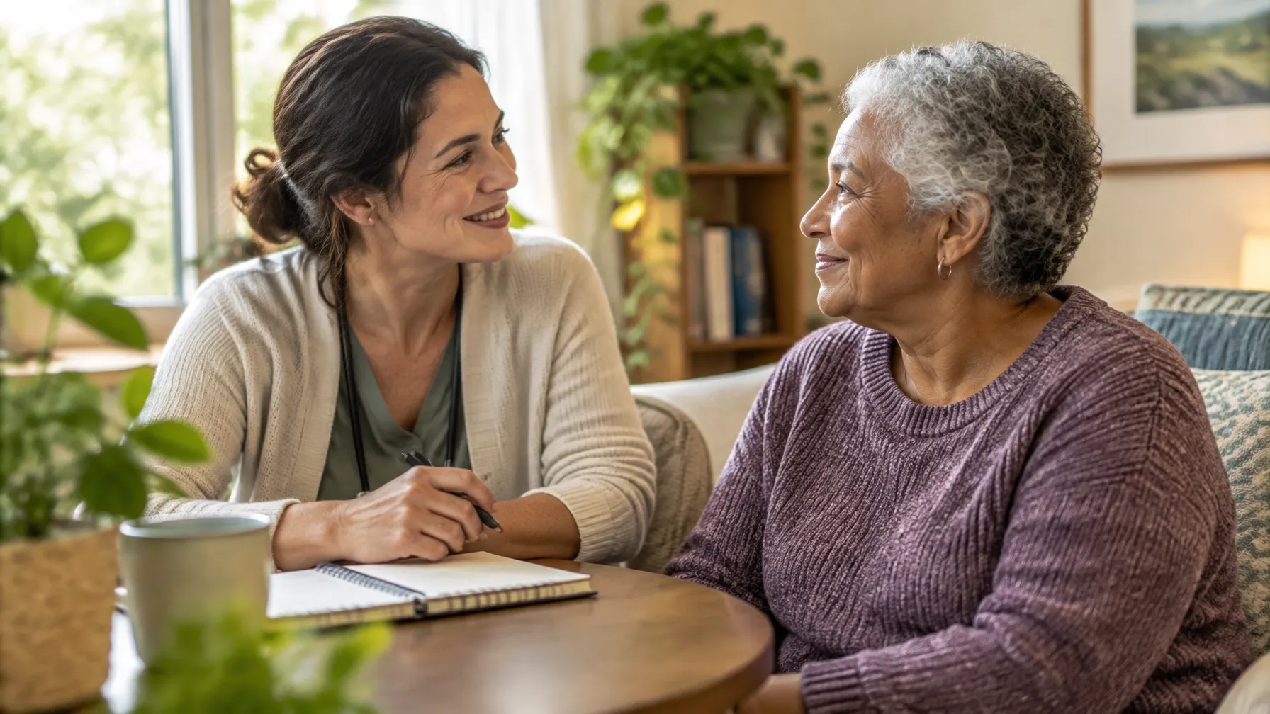 A clinician speaking with an older patient in a warm setting.