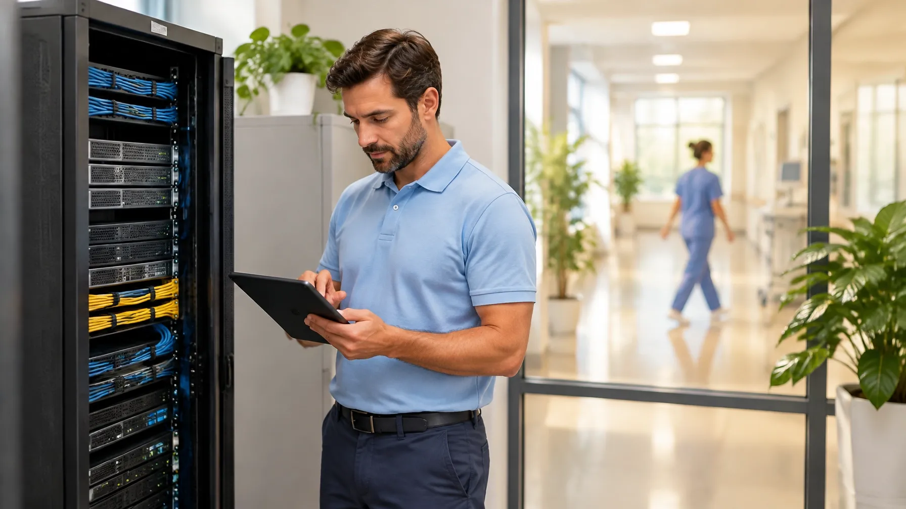 A healthcare IT specialist reviewing a tablet beside a server rack in a clinic, with a clinical corridor behind glass.